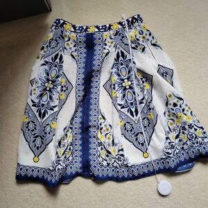 Banana Republic Blue and Yellow Smocked A-Line Midi Skirt